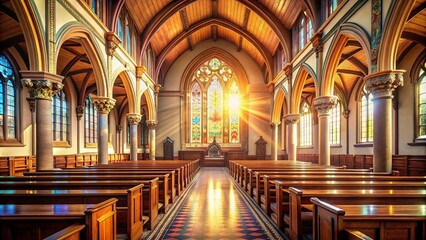 Obraz premium A Sunlit Sanctuary Stained Glass Gleaming Through Arched Windows, Casting Golden Rays on Polished Wooden Pews in a Serene Church Interior