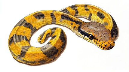 Fototapeta premium Yellow python, portrait of a ball python on white background Dark-eyed pet snake 