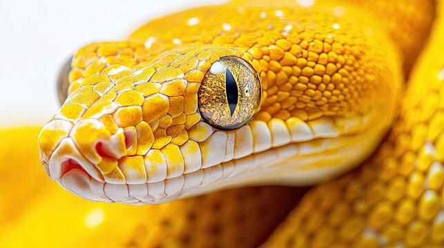 Yellow python, portrait of a ball python on white background Dark-eyed pet snake 