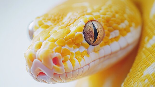 Yellow python, portrait of a ball python on white background Dark-eyed pet snake 