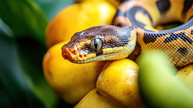 Yellow python, portrait of a ball python on white background Dark-eyed pet snake 