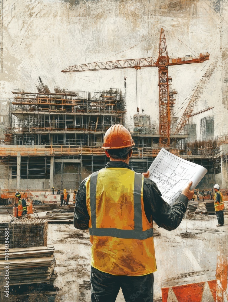 Leinwandbilder Engineer on a busy construction site stands with blueprints, overseeing work as cranes operate and workers move materials around. Generative AI