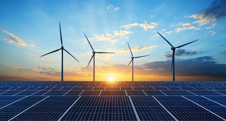 Renewable Energy Landscape with Solar Panels and Wind Turbines at Sunset, Modern Smart Grid and Green Technology Integration