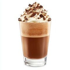 A decadent chocolate hazelnut frappe with whipped cream and chocolate shavings, served in a modern glass, isolated white background