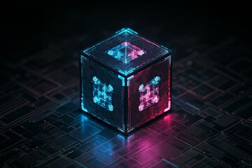 Obraz premium A glowing neon cube with digital patterns on a dark, textured surface.