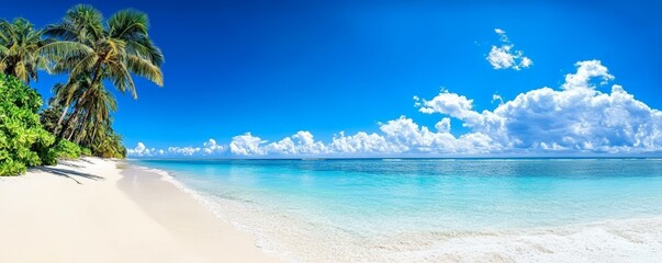 Tropical Beach Panorama with Turquoise Water and Palm Trees, Exotic Island Vacation Scenery