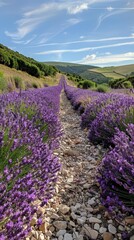 Obraz premium A vibrant lavender field stretches along a rocky pathway, under a clear blue sky with wispy clouds, This serene scene can be used for travel articles, wellness blogs, or home decor promotions,