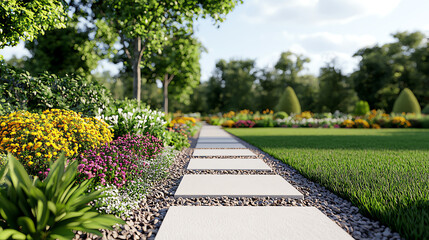 Obraz premium A serene garden pathway lined with colorful flowers and lush greenery, inviting strolls through nature's beauty.