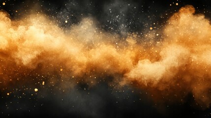 Naklejka premium A vibrant cloud of golden and orange dust swirls against a dark background, creating a dramatic effect, This image can be used for artistic, promotional, or abstract design projects,