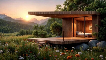 Fototapeta premium Cantilevered Wooden Deck Over Greenery at Dusk