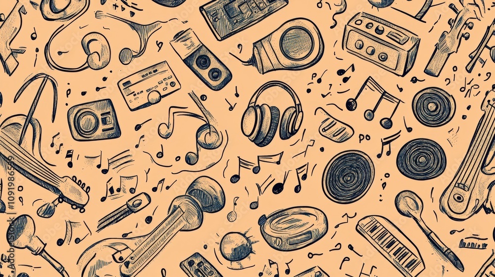 Poster this artwork showcases a lively pattern filled with various musical instruments, notes, headphones, 