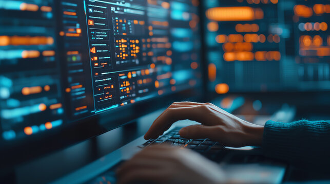 A close-up of hands typing on a keyboard with vibrant screens displaying data and code, highlighting a tech or programming environment.