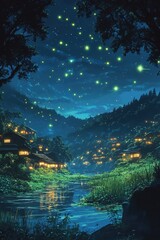A serene night landscape featuring glowing fireflies illuminating a peaceful village by a river, surrounded by lush hills, Ideal for use in blog posts, storytelling, or travel-themed content,