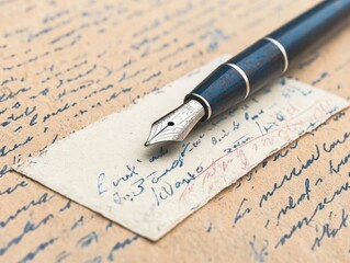A fountain pen resting on a handwritten letter with blue ink.