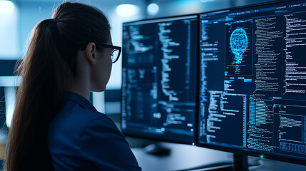 A woman with glasses works on dual monitors displaying code and digital graphics, highlighting a modern tech environment focused on programming and AI.