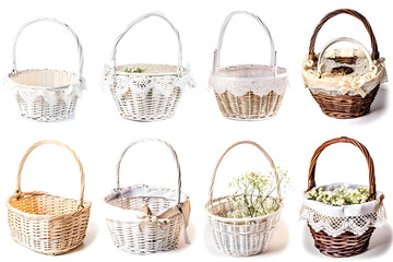 Collection of Handmade Wicker Baskets with Shadow Isolated on White, Perfect for Decor and Storage, Natural Craft Design for E-commerce, Home Decor, Product Catalogs, Blogs, Social Media, Ads