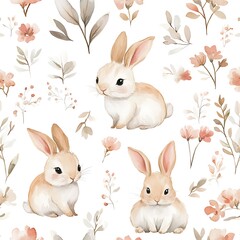 Fototapeta premium Watercolor Pattern of Adorable Bunnies with Delicate Floral Details
