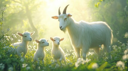 Obraz premium Majestic white goat with two kids in a sunlit meadow.