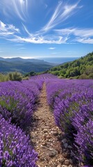 Obraz premium A vibrant lavender field stretches towards a distant sea under a bright blue sky, creating a serene and picturesque landscape, Ideal for travel brochures, wellness products, or nature-themed decor,
