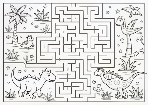 Black and White Maze Game for Kids Featuring a Mother Dinosaur Navigating to Her Baby Dinos in a Printable Labyrinth Activity for Children