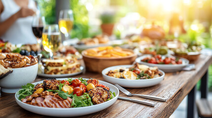 Obraz premium A beautifully arranged outdoor dining table with various dishes, drinks, and desserts, perfect for a festive gathering or celebration in a warm, sunny setting.