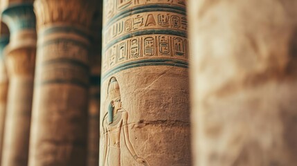 Ancient Egyptian columns with intricate hieroglyphs and carvings.