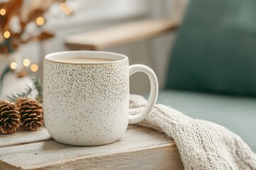 Fototapeta premium Cozy ceramic mug with warm drink indoors.