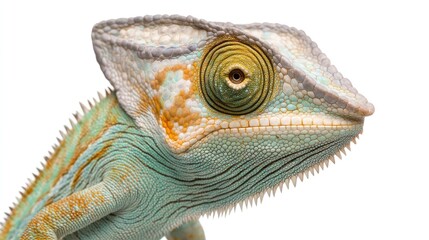 Fototapeta premium Close-up profile of a vibrant chameleon on white background.