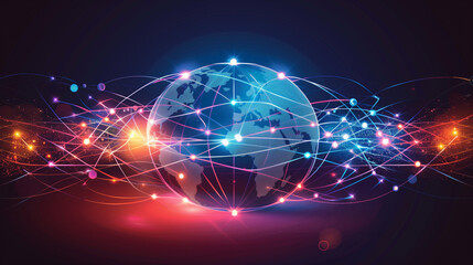 Fototapeta premium Vibrant digital representation of Earth with glowing network connections and data points