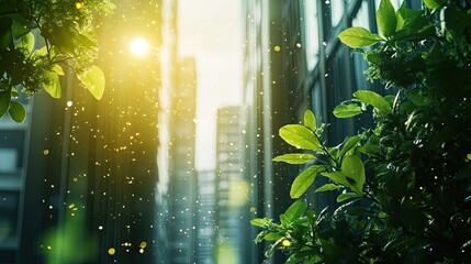 Obraz premium Sunlight streams through city leaves.