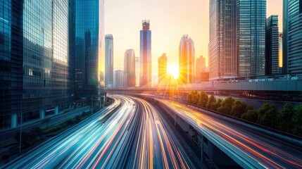 Obraz premium Cityscape Sunset with Light Trails