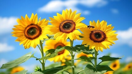 Obraz premium Close-up of vibrant sunflowers with bees collecting nectar during summer 