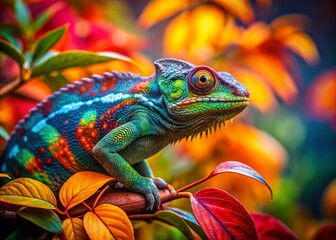 Fototapeta premium Bold and Artistic Chameleon Portrait in Eclectic Fashion Setting, Showcasing Vibrant Colors and Unique Textures, Perfect for Nature and Fashion Enthusiasts and Reptile Lovers