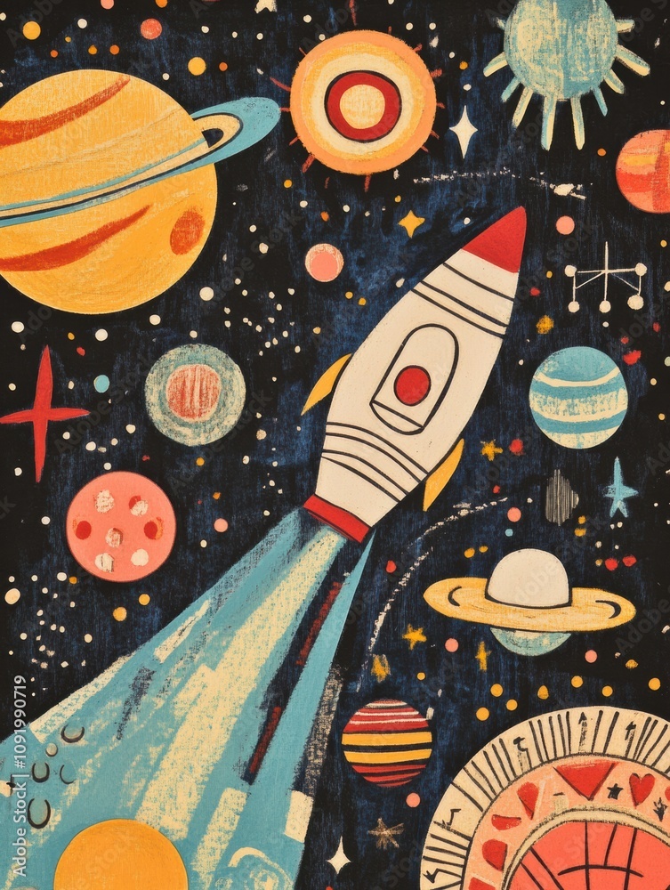 Poster colorful doodles display playful astronauts, rockets, planets, and stars, capturing a sense of wonde
