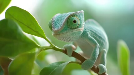 Fototapeta premium Adorable baby chameleon perched on a branch among lush green leaves.
