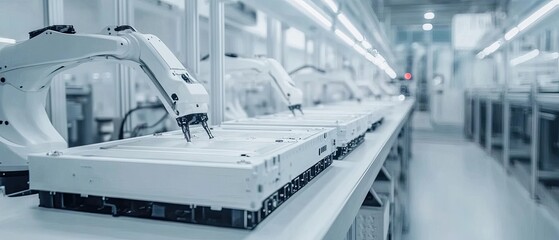 Obraz premium Automated assembly line with robotic arms assembling white components.