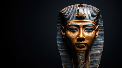 Ancient Egyptian sarcophagus mask displayed on a dark background.