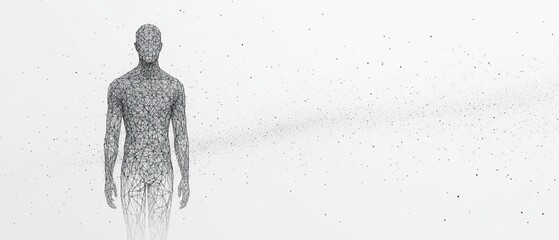 Abstract human figure made of particles, dissipating into the background.