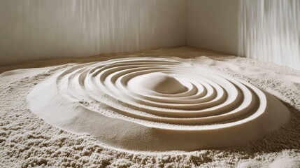 Obraz premium Intricate Patterns Created in Grainy Sand Forming Spirals and Waves in a Calm, Serene Environment with Soft Light Reflections and Textures