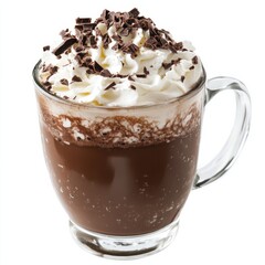 A decadent dark chocolate mocha with whipped cream and chocolate shavings, served in a glass mug, isolated white background
