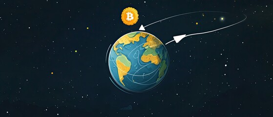 Naklejka premium Global Bitcoin cryptocurrency orbiting Earth.