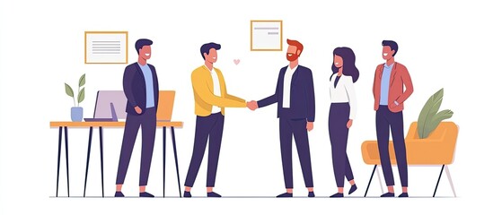 Happy colleagues shaking hands, celebrating success in modern office.