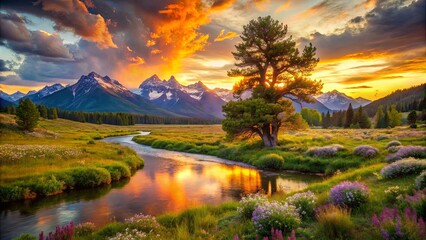 A Serene River Winding Through a Meadow of Blooming Flowers at Sunset, Bathed in the Warm Glow of a Mountain Landscape