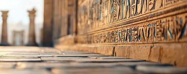 Ancient hieroglyphics carved on stone wall in historical site, soft focus background.