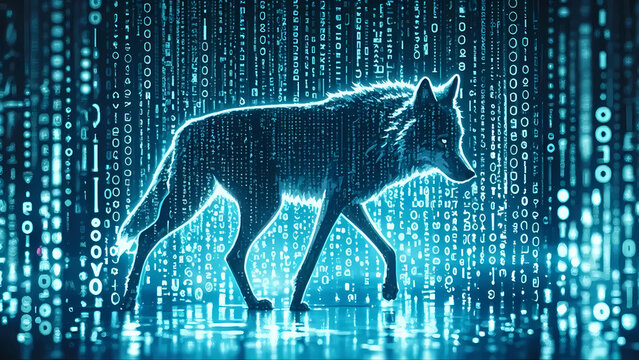 a wolf's silhouette materializing from cascading streams of binary code