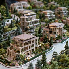 Fototapeta premium Architectural model of luxury houses on a landscaped hill.