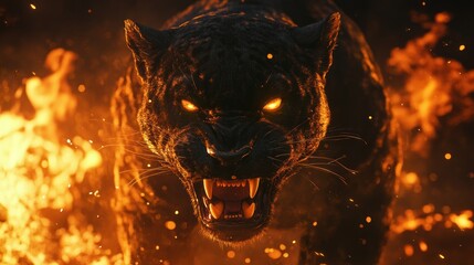 A fierce black panther roaring amidst flames, exuding power and intensity.
