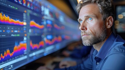 Obraz premium Focused Trader Monitoring Financial Data on Multiple Screens in a Stock Market Exchange