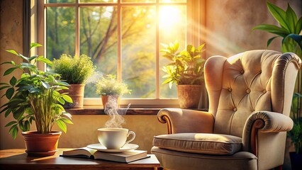 Fototapeta premium A Morning Ritual of Warmth and Tranquility, Embracing the Soft Light Filtering Through the Window, with a Steam Rising from a Mug and a Comfortable Chair Awaiting