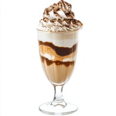 A decadent tiramisu frappe with coffee liqueur and ladyfinger crumbs, served in a tall glass, isolated white background
